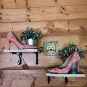 Sam Edelman Hazel Pink Palm Leaf Stiletto Point Toe Pumps Fabric Leather Sz 6.5M